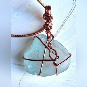 Elegant Blue Sea Glass Pendant Necklace Wire Wrapped Artisan Handcrafted 4226 Y